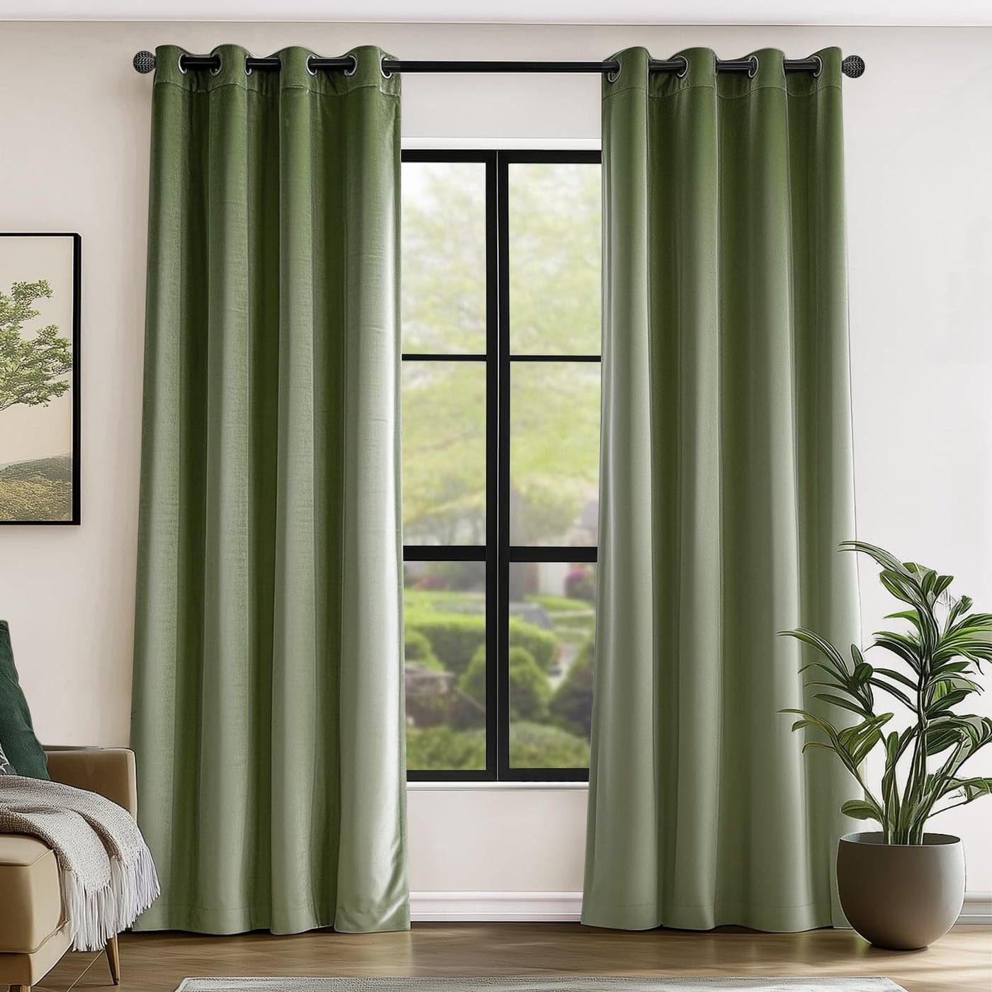 Lazzzy Blackout Velvet Curtains Green Thermal Insulated Curtains 84 Inch Long for Bedroom Living Room Drapes Window Treatments Grommet Set of 2 Panels Olive Sage