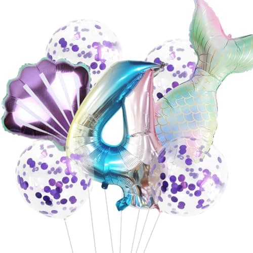 7pcs Mermaid Balloons Number Balloons for 1st 2nd 3rd Birthday Party Girls Mermaid Tail Decoration Supplies 4 Number