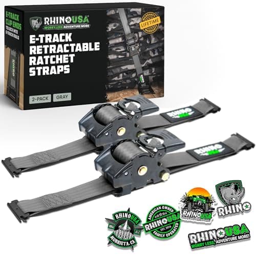 Rhino USA 2”x10’ Retractable E-Track Ratchet Straps: 3033lb Max Break Strength Compatible with E Track Rail Systems only– Perfect for UTV’s, ATV’s and Other Cargo (Gray - 2 Pack)