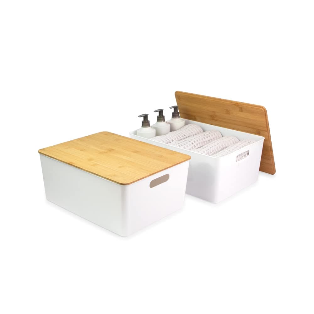 Isaac Jacobs 2Pack XL White Storage Bin Set wCutOut Handles and Bamboo Lid Plastic Organizers for Home Pantry Kitchen Closet Office Home Dcor BPA Free Food Safe ExtraLarge White