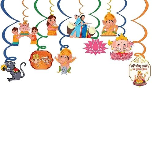 Festiko Set of 20 Pcs Ganpati Bappa Morya Swirls With Cutouts, Hanging Decoration Supplies, Ganesh Chaturthi Decoration Combo,Multicolor Cardstock
