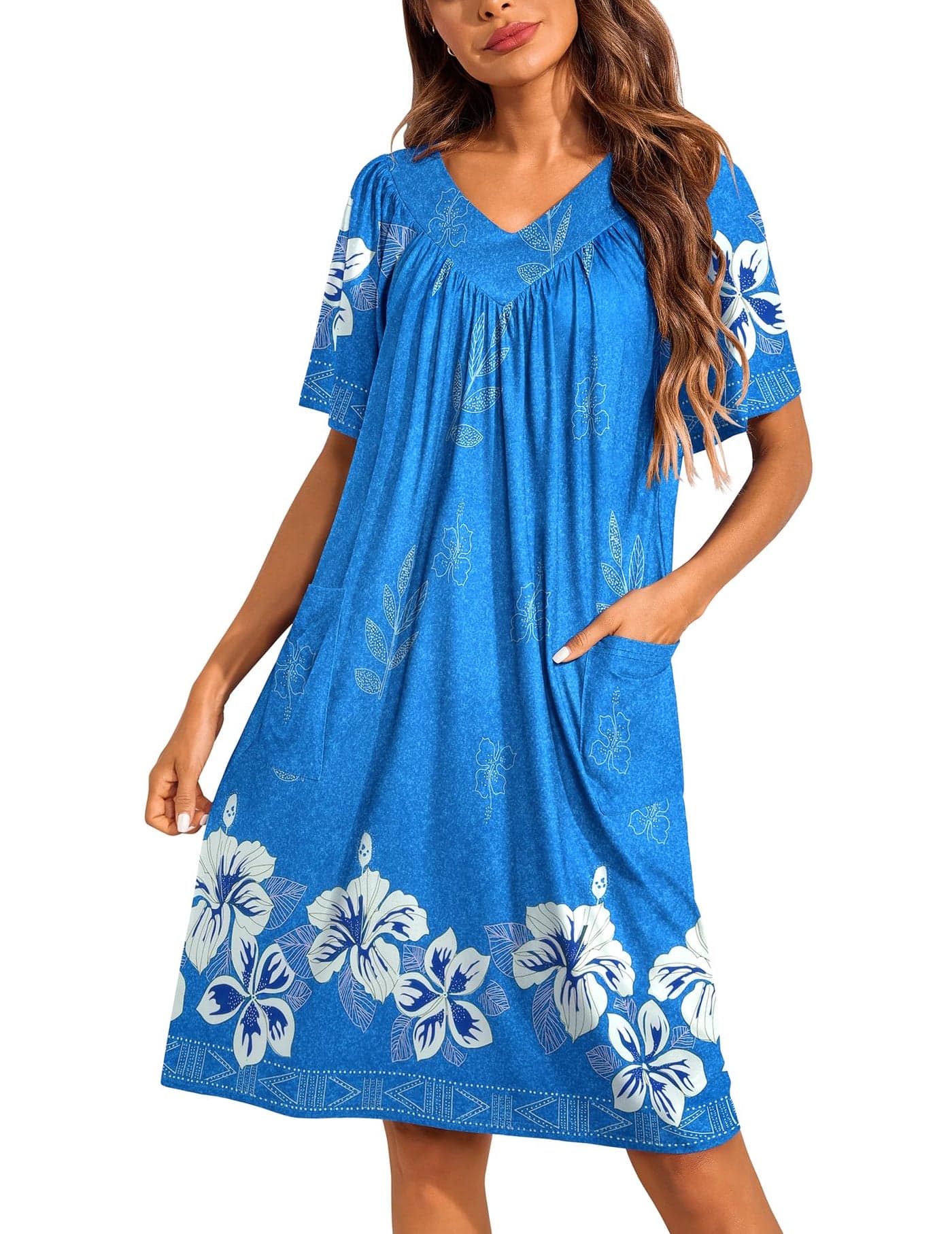 Ekouaer Womens House Dress Floral Print Nightgown with Pockets Mumu Dress Sky Blue M