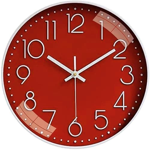 TEKCOOL Plastic Digital Wall Clock 12" Silent Quartz Decorative Latest Non-Ticking Classic Clock Battery Operated Round Easy to Read for Room/Home/Kitchen/Bedroom/Office/School- (Red)'