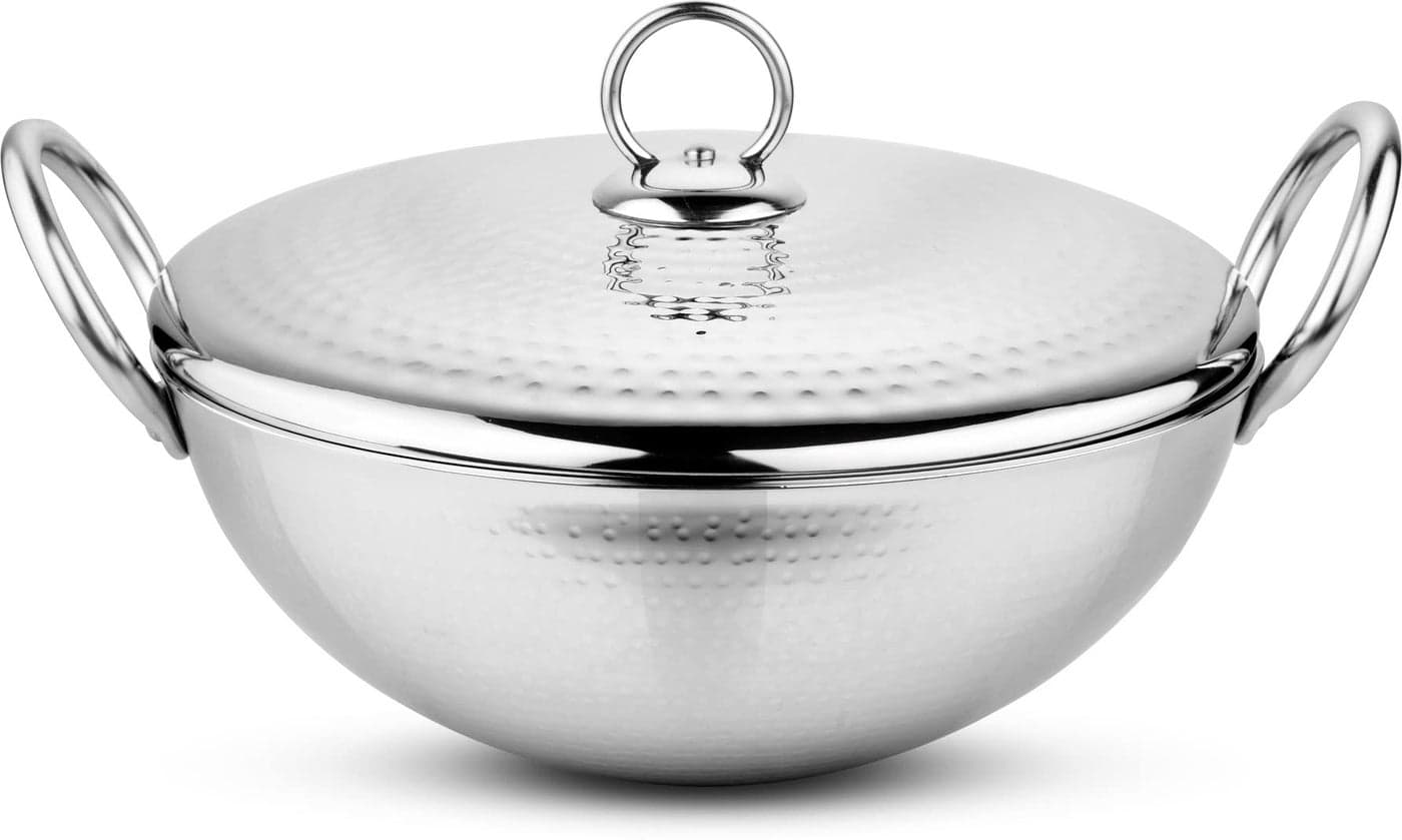 Prabha Round Bottom Kadhai 5.8 L -32 CM | Heavy Gauge Hammered Steel kadhai with Lid | Compatible with Gas Stove | Cookware kadhai for Cooking | Kadhai for Deep Frying | kadhai Induction Base/Stove