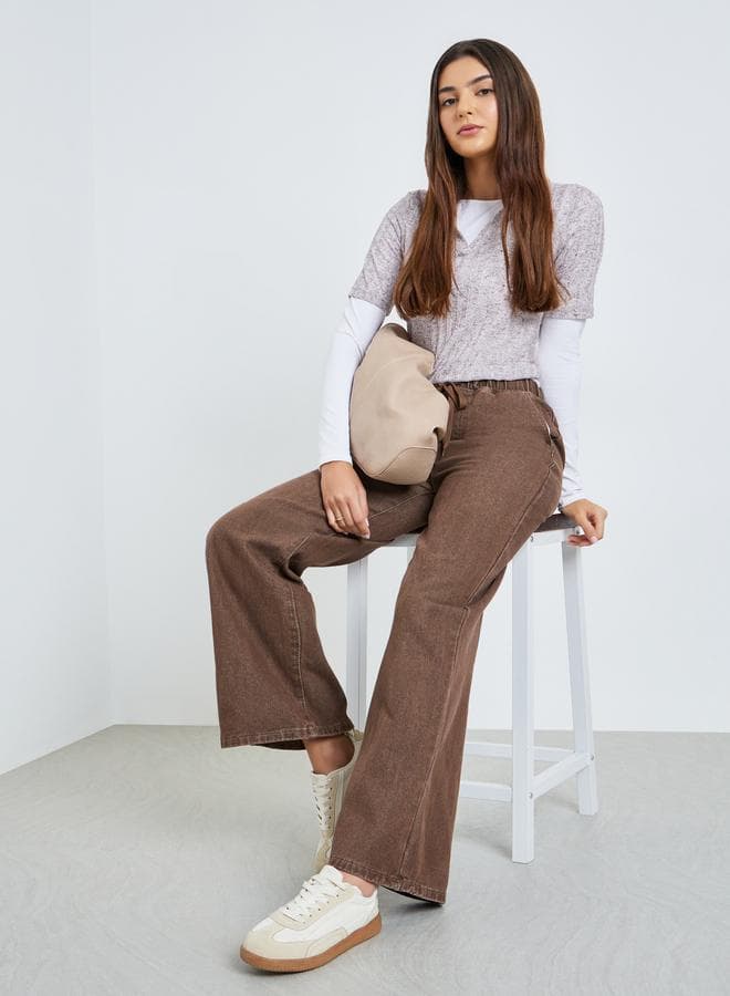 Brown Joggers Style Wide Leg Washed Jeans