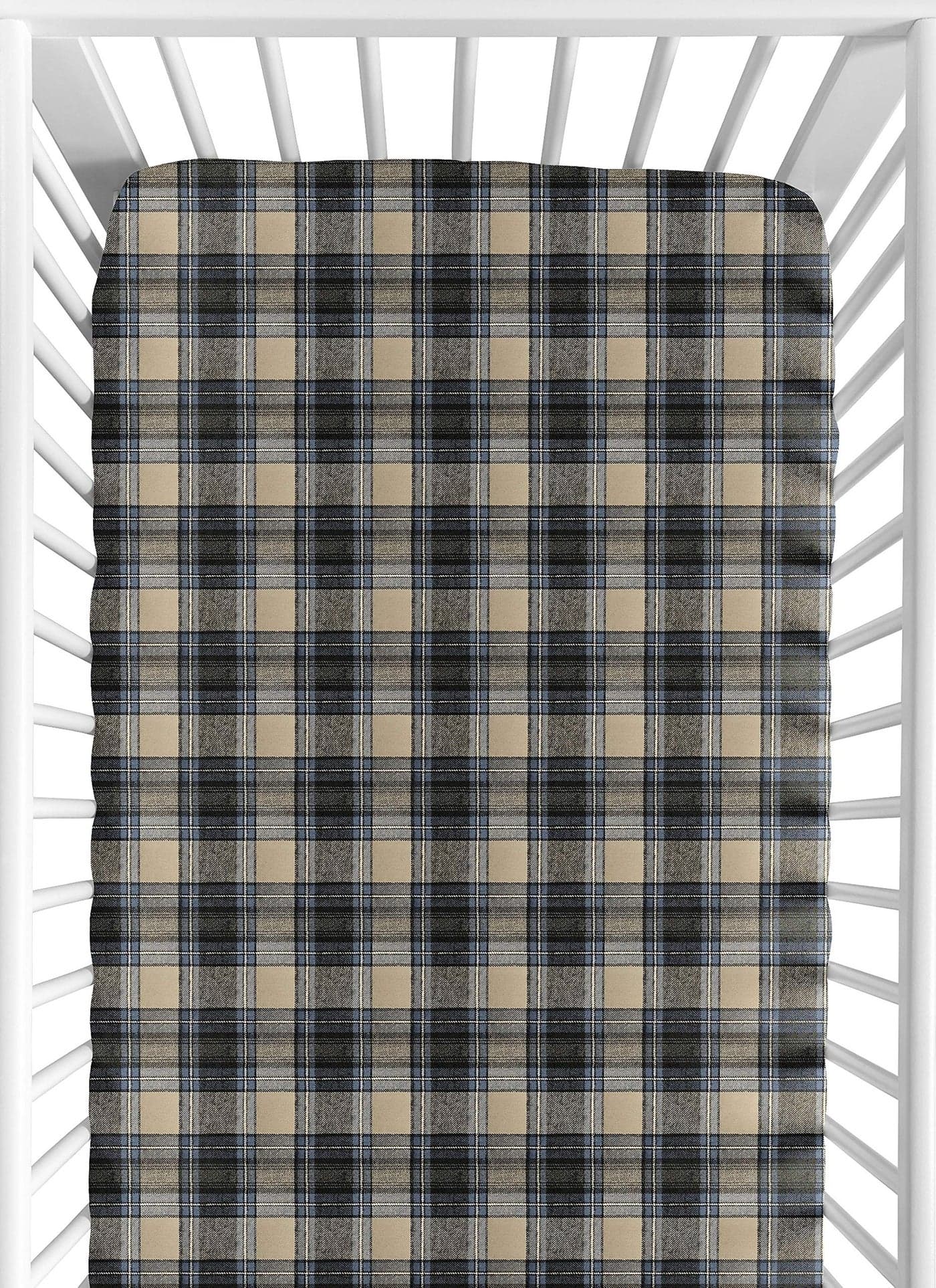 Sweet Jojo Designs Blue and Tan Woodland Plaid Flannel Baby or Toddler Fitted Crib Sheet for Rustic Patch Collection