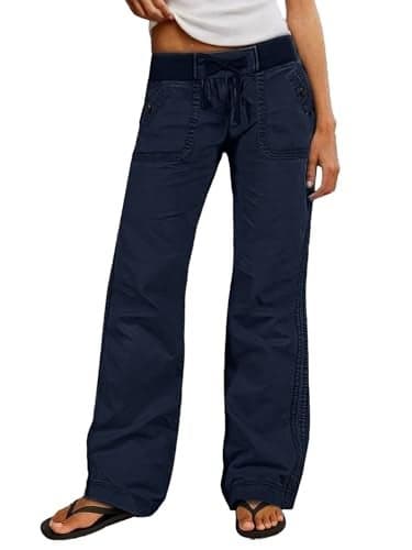 Flamingals Straight Leg Pants for Women Drawstring Waist Mid Rise Casual Solid Seam Detail Pant Dark Blue M