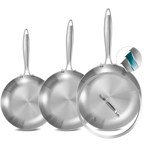 Inqibee Tri-Ply Stainless Steel Frying Pans Set with Lid, 8”/9.5”/11” Skillets, Induction Cooking Pans Set, Riveted Handle, Even Heating and Oven Safe