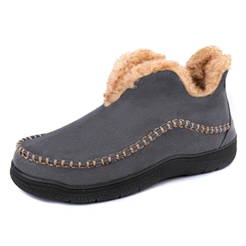Wishcotton Men's Moccasin Bootie Slippers With Cozy Memory Foam, Winter Warm Fuzzy Indoor Outdoor House Shoes Grey,9 M US