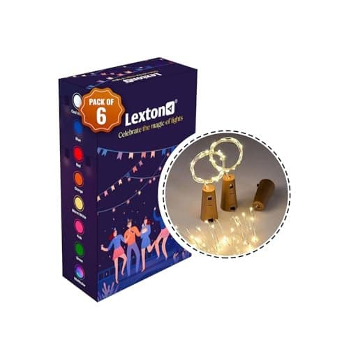 Lexton Decorative Wine Bottle Cork Light | 20 LED, Battery Powered, 2 Meter Long, IP65 Protection |Copper Light Suitable for Home Decor, Diwali, Christmas (Pack of 6, Warm White)