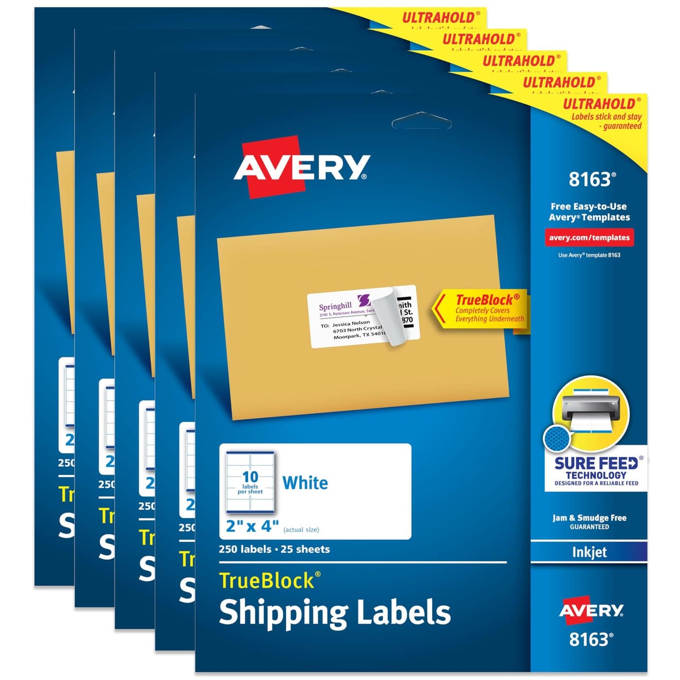 Avery TrueBlock Printable Shipping Labels with Sure Feed 2 x 4 Customizable Stickers White 1250 Blank Mailing Labels Total 5Pack of 8163
