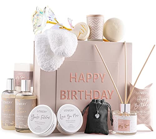 Birthday Gifts for Women Birthday Spa Gift Basket for Women Luxury Birthday Spa Gift Box with Vit E Rich Bath Essentials Diffuser Candle Sterling Silver CZ Heart Necklace 24k Flower Rose More