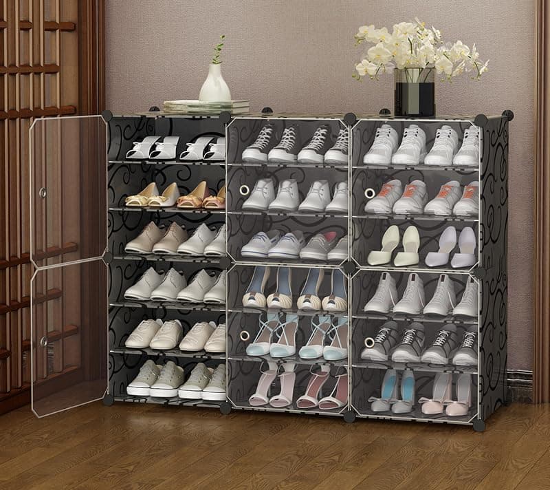 Zemic Shoe Rack DIY Portable Shoe Rack Organizer/Multi-Purpose Shelf Storage Cabinet Stand Expandable for Heels, Boots, Slippers Plastic Portable and Folding Shoe Rack (18-Shelf, Black)