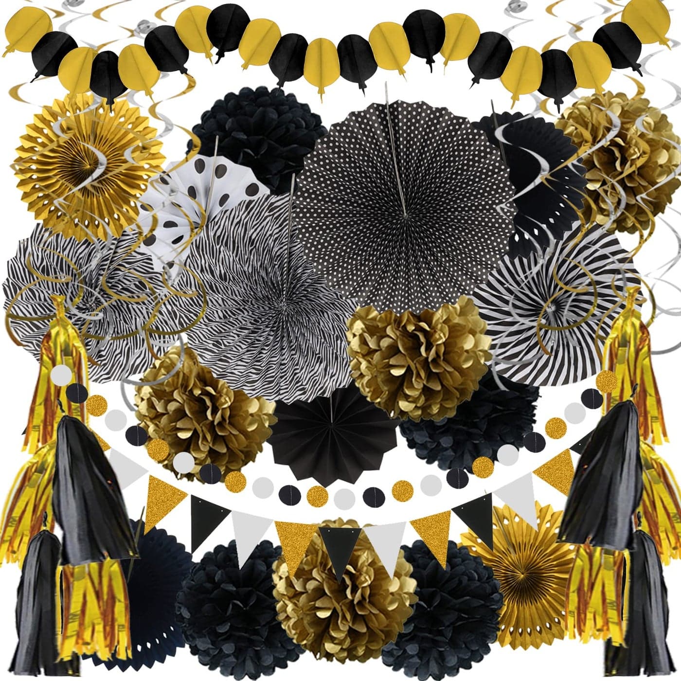 ZERODECO Party Decorations 41 Pcs Black and Gold Papar Fans Pompoms Garlands String Tissue Paper Tassel for Graduation Congrats Grad New Years Wedding Birthday Party