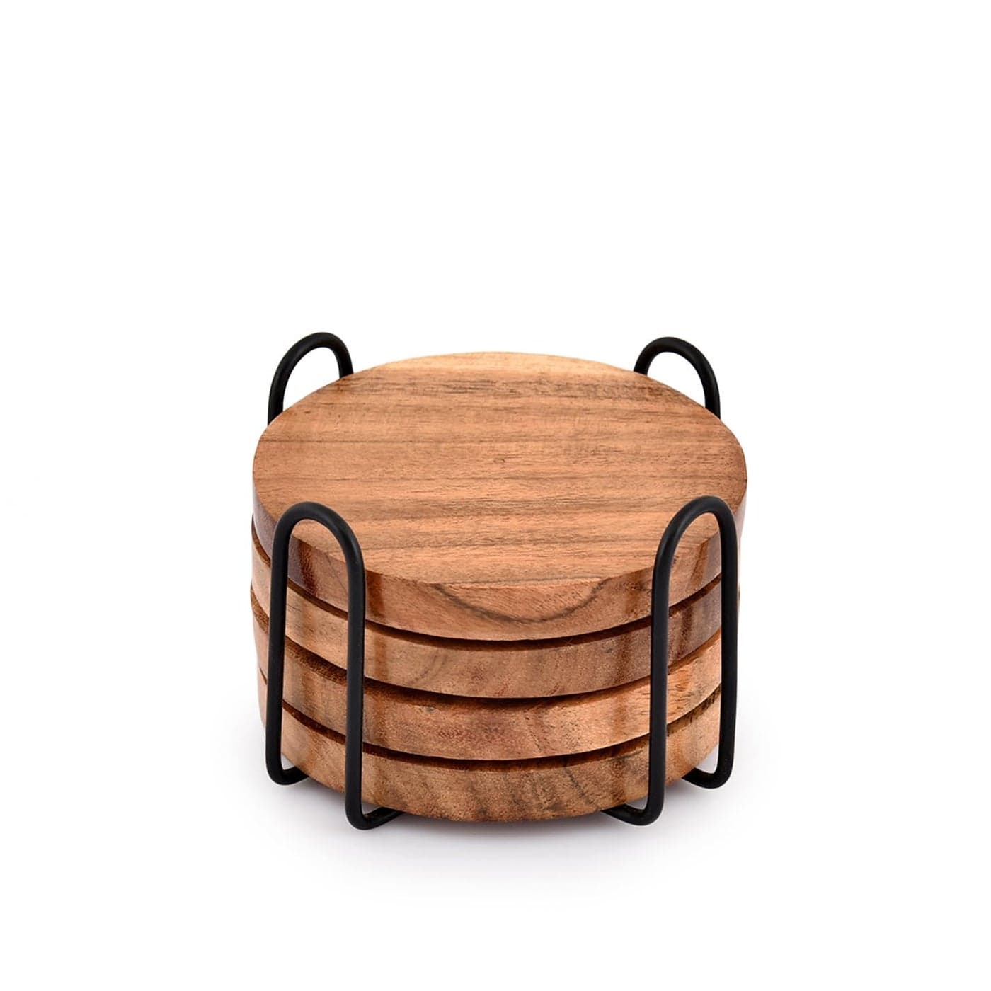 EDHAS Acacia Wood Coasters for Drinks with Iron Holder Stand for Coffee Table Tabletop Protection Decor Set of 4