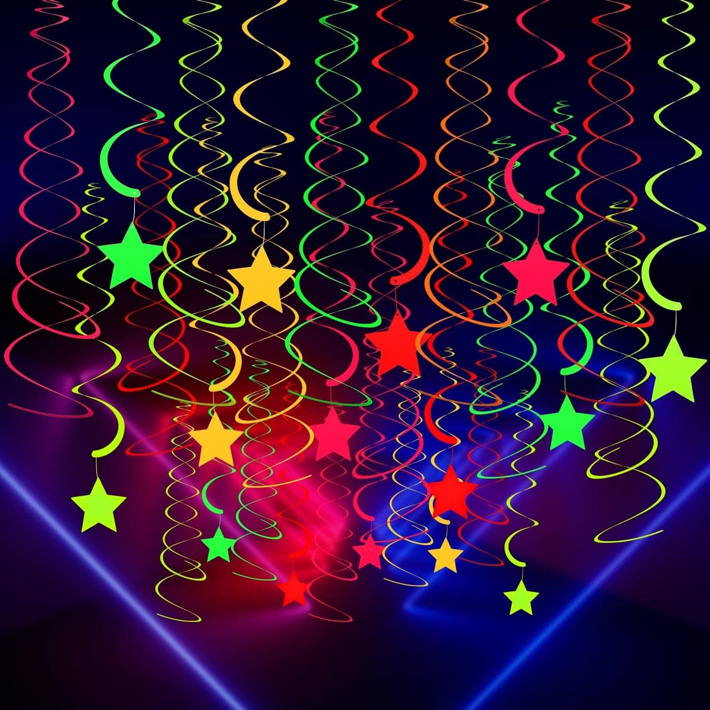 WILLBOND 50 Pieces Glow Party Supplies Hanging Swirl Decorations Neon Star Swirl Hanging for Neon Glow Party Ceiling Decorations
