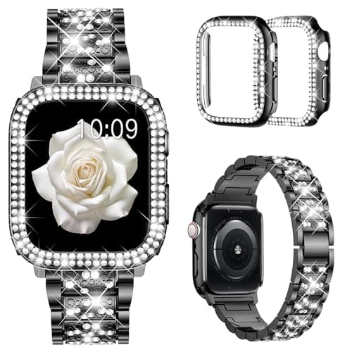 Mosonio Compatible with Apple Watch Band 46mm S11S10 with Case Women Jewelry Replacement Metal Wristband with 2 Pack Bling PC Protective Cover for iWatch Series 111046mmBlack