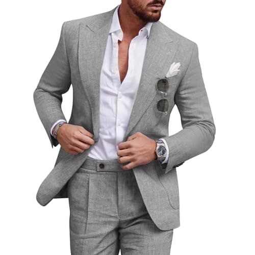 Diaryan Linen Suits Men 2 Piece Casual Tuxedo Regular Fit Blazer Peaked Lapel Grey Prom Wedding Solid Jacket and Pants L