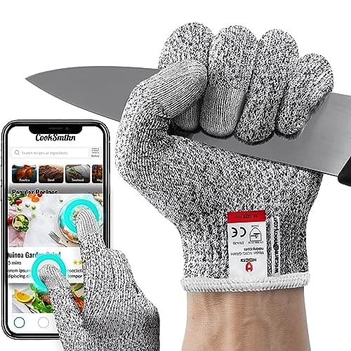 NoCry Cut Resistant Gloves Food Grade with 3 Touchscreen Capable Fingers; Protective Kitchen Gloves for Cutting; Use Cut Glove as Fish, Butcher Glove or Wood Carving, Extra Large