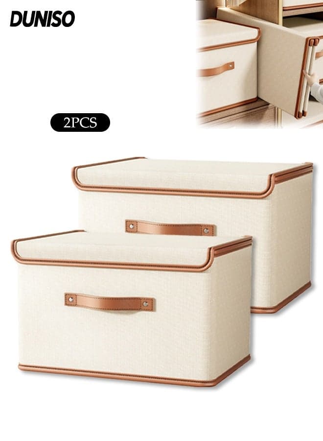 Set of 2 Beige Lidded Storage Bins,Collapsible Fabric Wardrobe Storage Bins,Large Crates with Attached Lids, Drawer Organizer for Closet, Clothes, Books(44x30x29 cm)