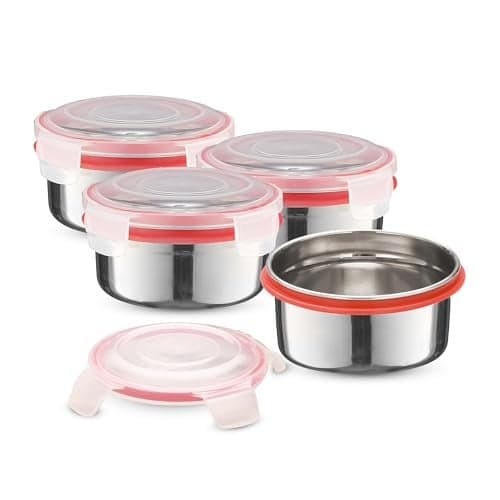 Trueware Clip N Close Smart Lock Stainless Steel Lunch Box | Durable, Airtight, BPA Free, 100% Food Grade | Versatile | for Office, for Men and Wowmn | 350 ml Each | Set of 4