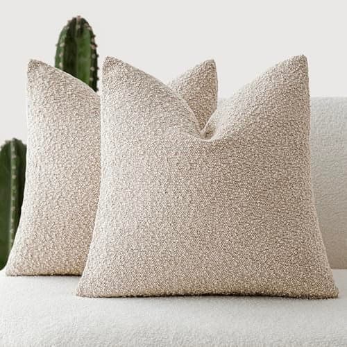 Foindtower Pack of 2 Textured Boucle Throw Pillow Covers Accent Solid Pillow Cases Cozy Soft Decorative Couch Cushion Case for Chair Sofa Bedroom Living Room Home Decor, 18 x 18 Inch,Oatmeal