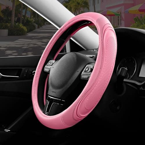Road Comforts Car Steering Wheel Cover - Microfiber Leather Steering Wheel Wrap Sports 14.5-15 Inch Steering Wheel Cover Non-Slip for Men Women Pink & Pink Color