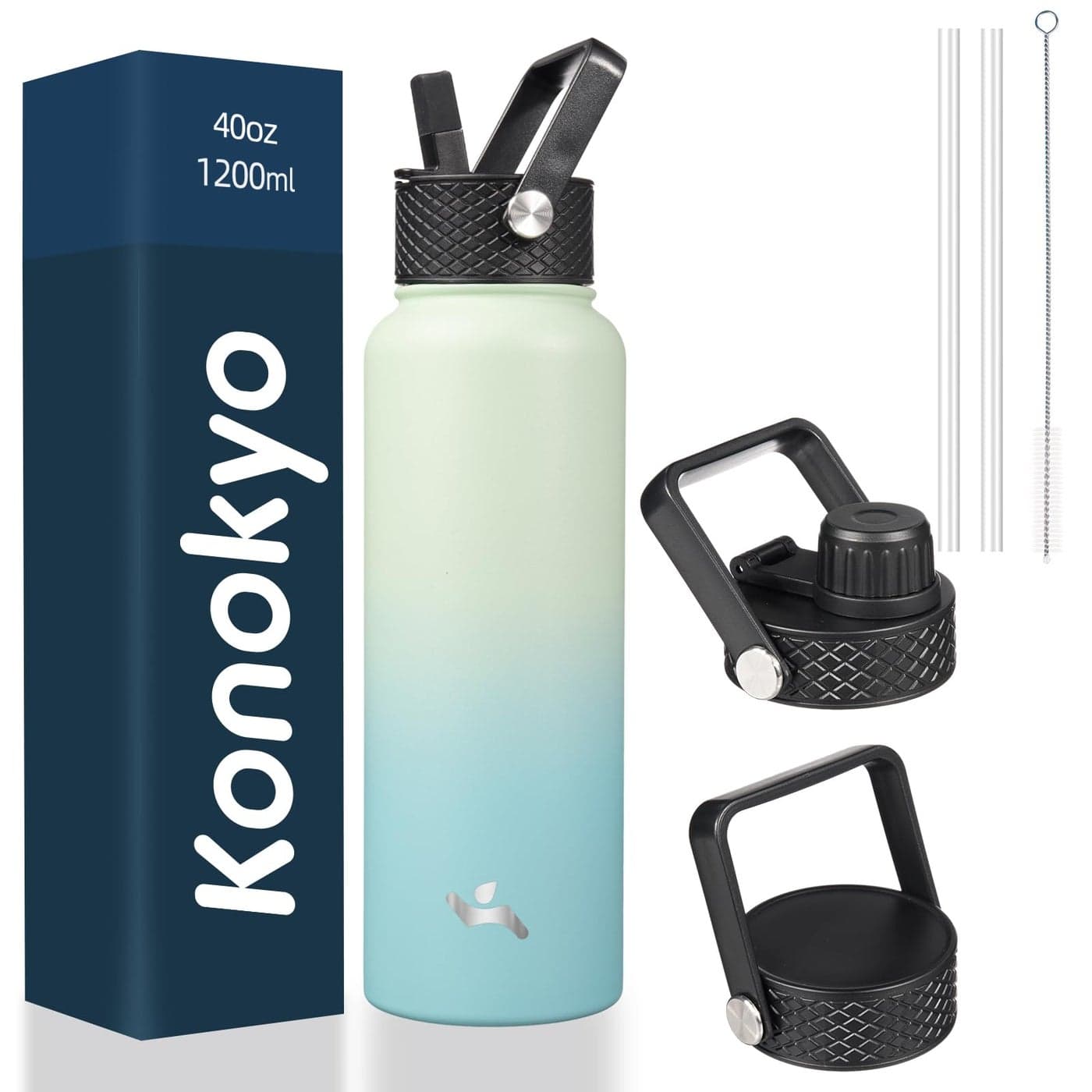 Konokyo 40oz Insulated Water Bottle Stainless Steel Sport Bottles with 3 LidsMint