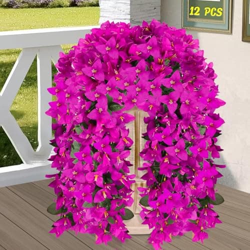 Alotiki Artificial Bougainvillea Flowers for Outdoor Plant,12 pcs Faux Hanging Flowers Bougainvillea for Outside Decoration,Fake Silk UV Resistant Vines for Front Door Porch(Fuchsia)