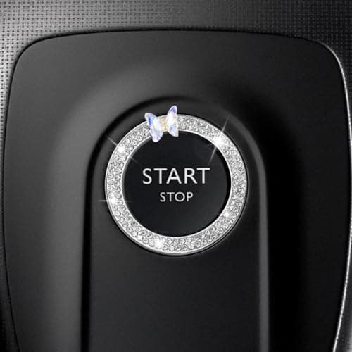 GAOLAOSY Car Butterfly Bling Ring Emblem Crystal Rhinestone Auto Key Ignition Knob Ring Car Engine Push to Start Button Decoration Sticker Sparkling Auto Interior Accessories for Women White