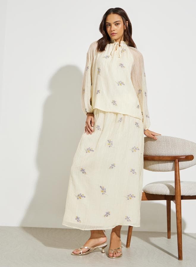 Off White Floral Embroidered A-Line Midi Skirt