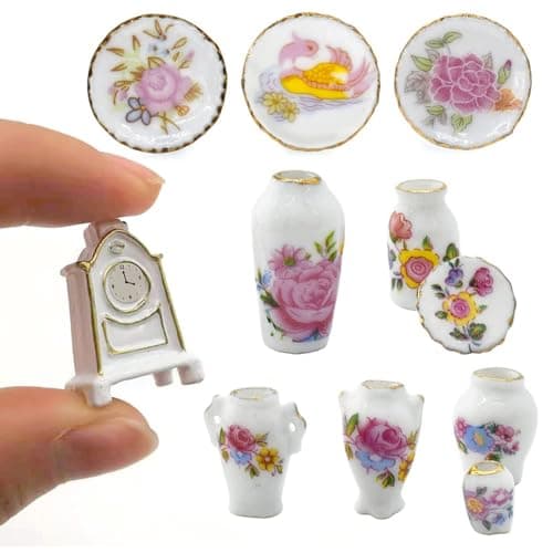 iLAND Miniature Dollhouse Accessories for Dollhouse Furniture Mini Porcelain Vases and Decorative Plates wa Desk Clock Elegant Rose 11pcs