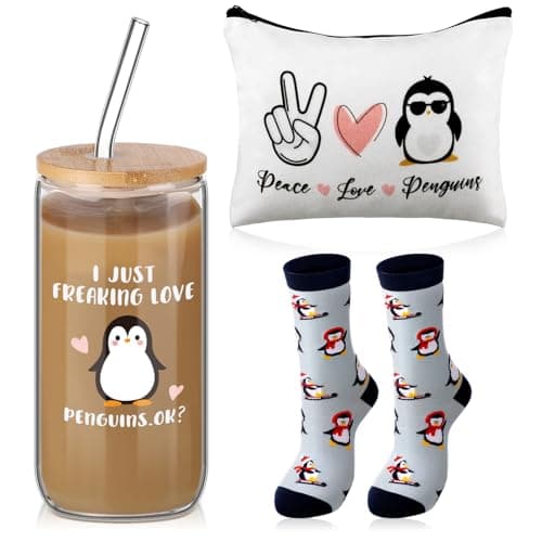 Layhit 3 Pcs Penguin Gifts for Women Thank You Gift 16 oz Coffee Glass Cosmetic Makeup Bag Cute Socks for Mom Teacher Colleague Employee Friend