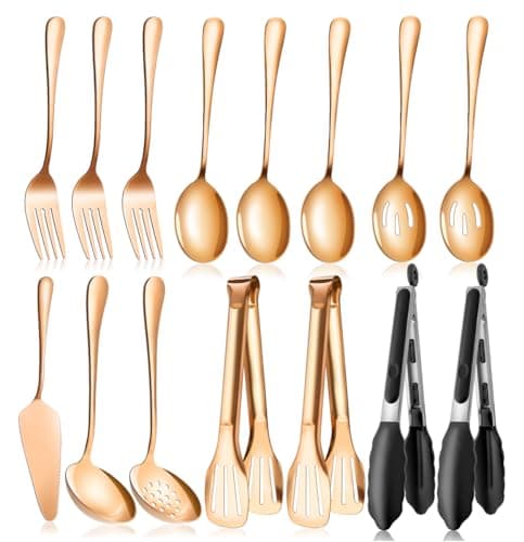 Rose Gold Serving Utensils Set Stainless Steel, Large Metal Serving Spoons, Slotted Spoons, Forks, Tongs, Soup and Skimmer Spoon, Cake Server serveware for Partie, Buffet, Catering, Entertaining 15pcs