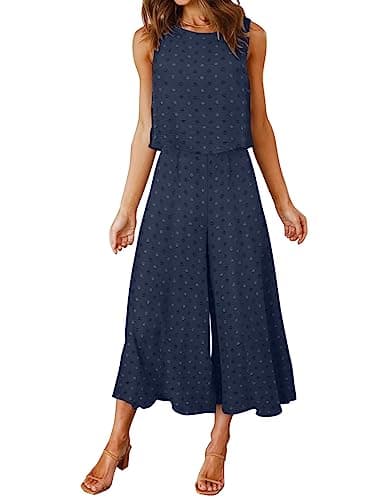 ROYLAMP Women's Summer 2 Piece Outfits Round Neck Crop Basic Top Cropped Wide Leg Pants Set Beach Jumpsuits Navy Blue Swiss Dot XS