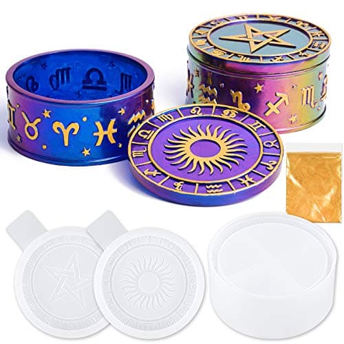 NiArt Silicone Resin Mold Constellation Storage Box Jewelry Organizer Zodiac DIY Epoxy Resin Jar with Sun and Star Lids Jewelry Trinket Container Candle Holder DIY Casting Handcraft Glossy Art