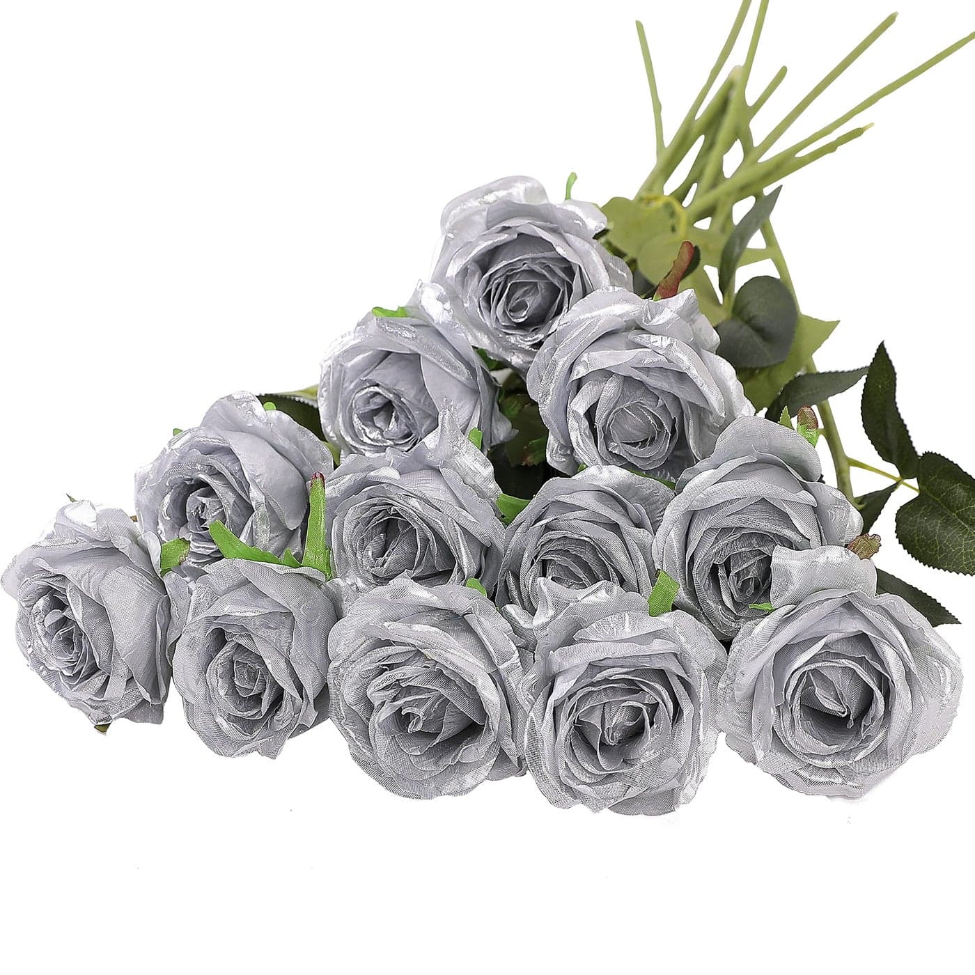 Hawesome 12PCS Artificial Silk Flowers Realistic Roses Bouquet Long Stem for Home Wedding Decoration Party Silver 1