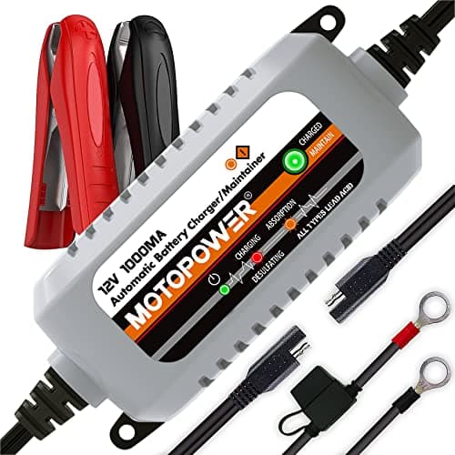 MOTOPOWER MP00205B 12V 1000mA Automatic Battery Charger Battery Maintainer Trickle Charger and Battery Desulfator with Timer Protection Grey