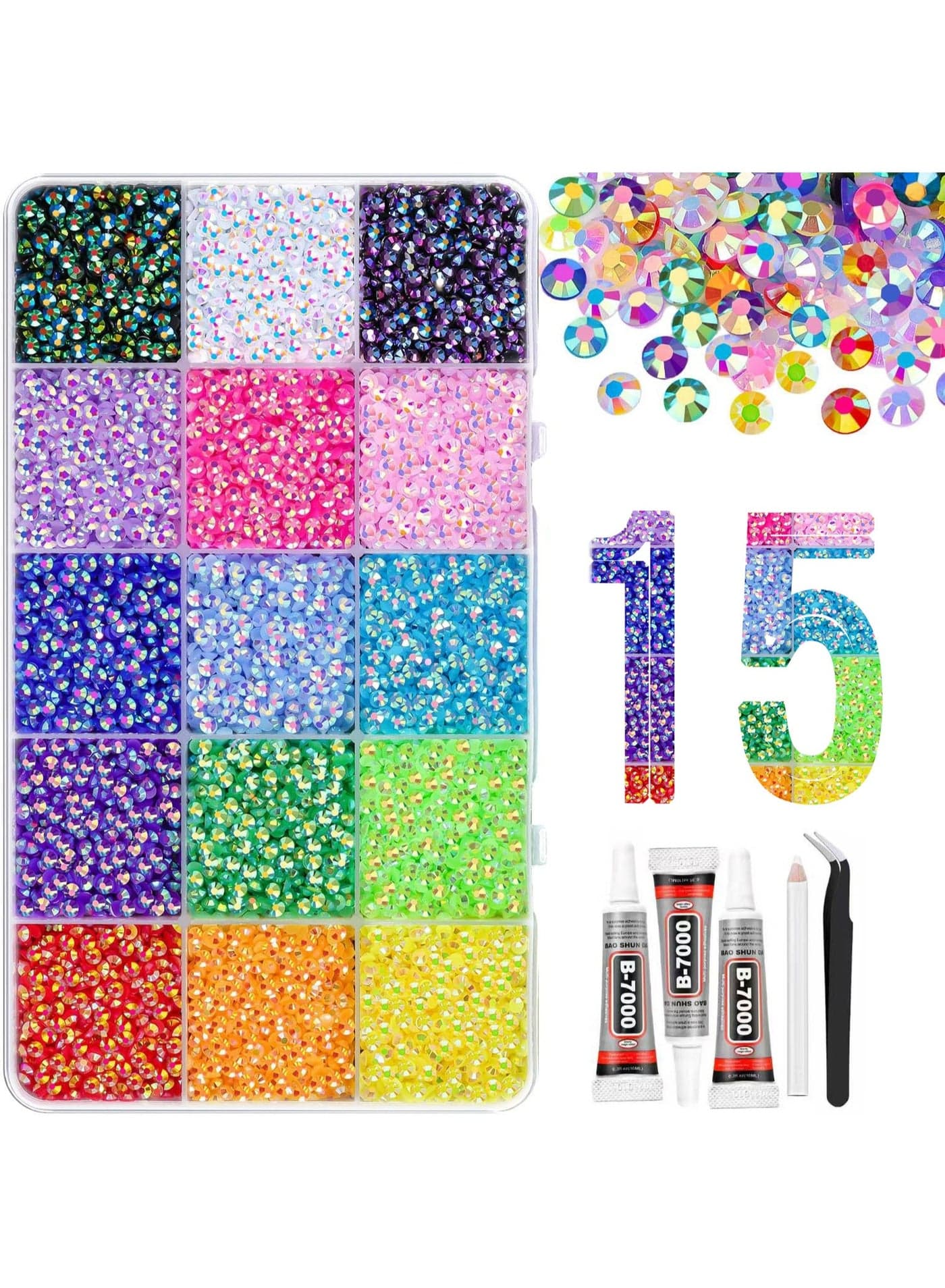 18,000-Piece Bedazzling Kit, 15 Colors, 3mm Jelly AB Resin Rhinestones | Flatback gems with 3 B-7000 glue tubes, 15-compartment box, tweezers and trays for tumblers, phone cases and DIY crafts.
