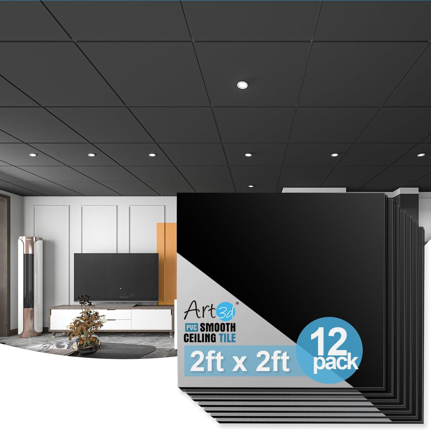 Art3d 12Pack Smooth Drop Ceiling Tile 2ft x 2ft FireRated Waterproof Reusable Premium PVC No Sag and Breakage Cover 48 Sq Ft Black
