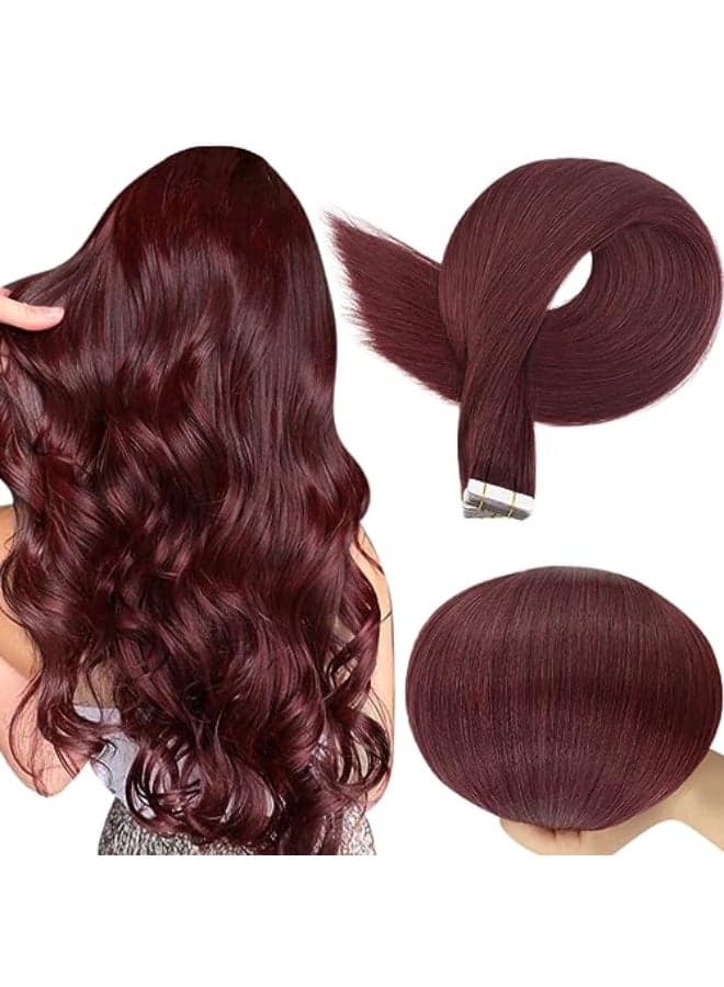 Full Shine Burgundy Tape in Hair Extensions Straight 99J Wine Red Remy Adhesive Tape in Extensions Human Hair 20 Inch Invisible Seamless Skin Weft 50 Gram 20 Pcs for Wedding Add Length