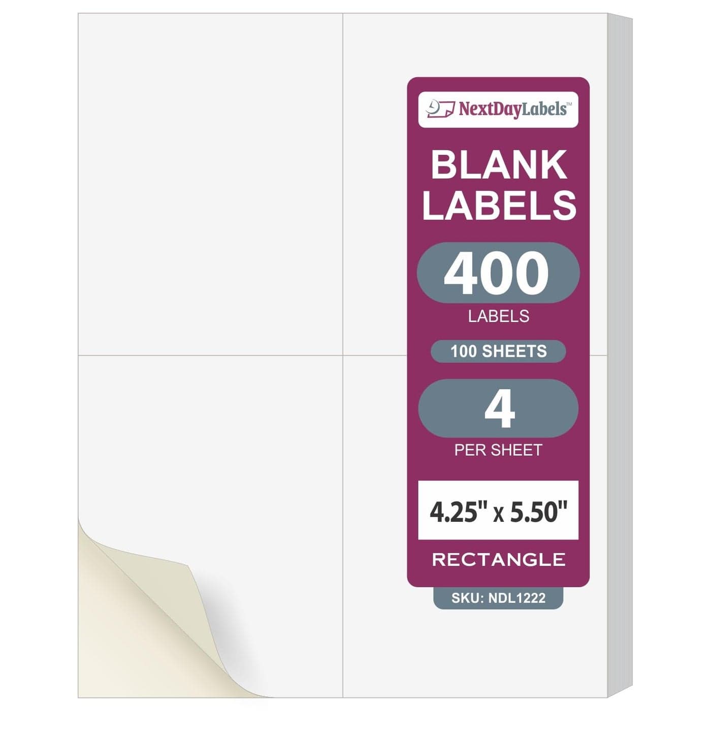 NextDayLabels – 4-1/4" x 5-1/2" Rectangular Sticker Labels for Printer - White Laser/Inkjet Printer Labels Return Address Labels Shipping Label Stickers (100 Sheets, 4 Per Sheet, 400 Labels)
