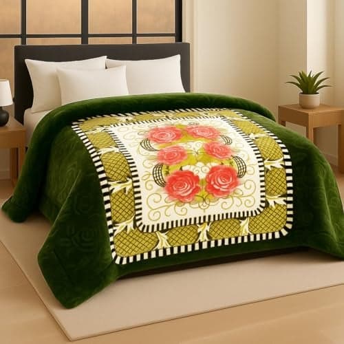BSB HOME Super Soft Cloudy Printed Double Bed Mink Blanket for Mild Winter Heavy Winter, Single Ply (Layer) Blanket Warm Hot Cozy Lintfree 220 x 230 Cm – 2500 Grams (Olive Green with Red Rose Printed)