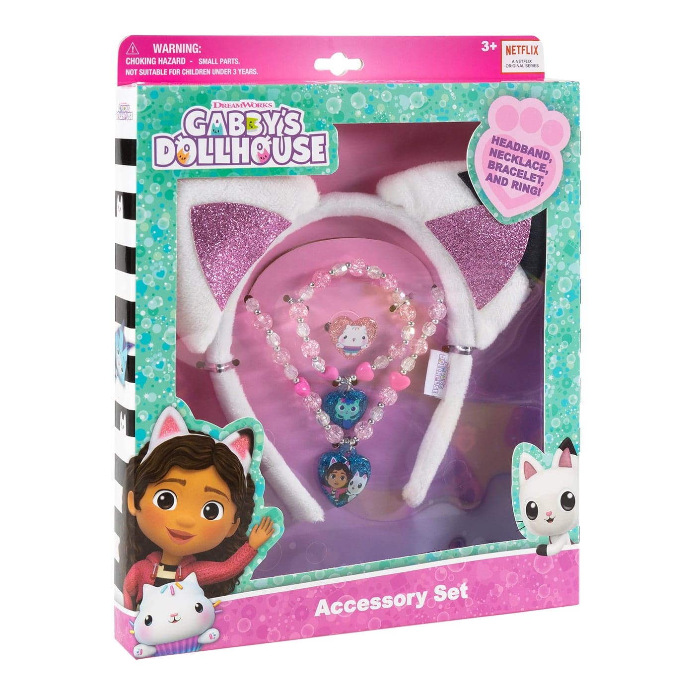 LUV HER Gabby Dollhouse Headbands for Girls Kids Jewelry Dress Up Set All in one Giftable Box Headband Play Jewelry Set 4pc Toddler Headband Necklace Dress Up Bracelet Ring Ages 3