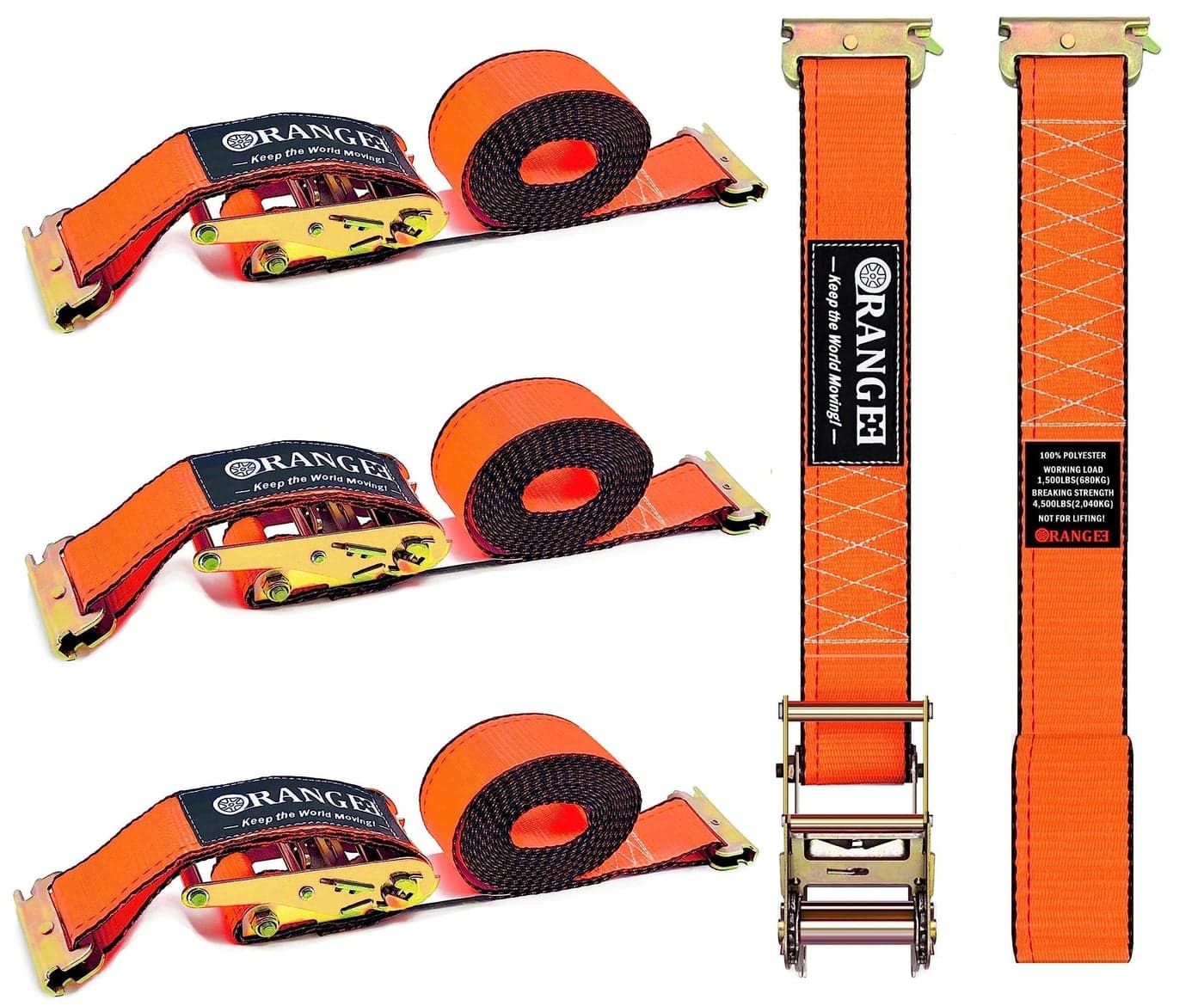 ORANGEE 4 Pack E Track Ratchet Strap 4500lb Breaking Strength for Container, Cargo Vans, Trailer Load Hi Visible Neon Orange Color