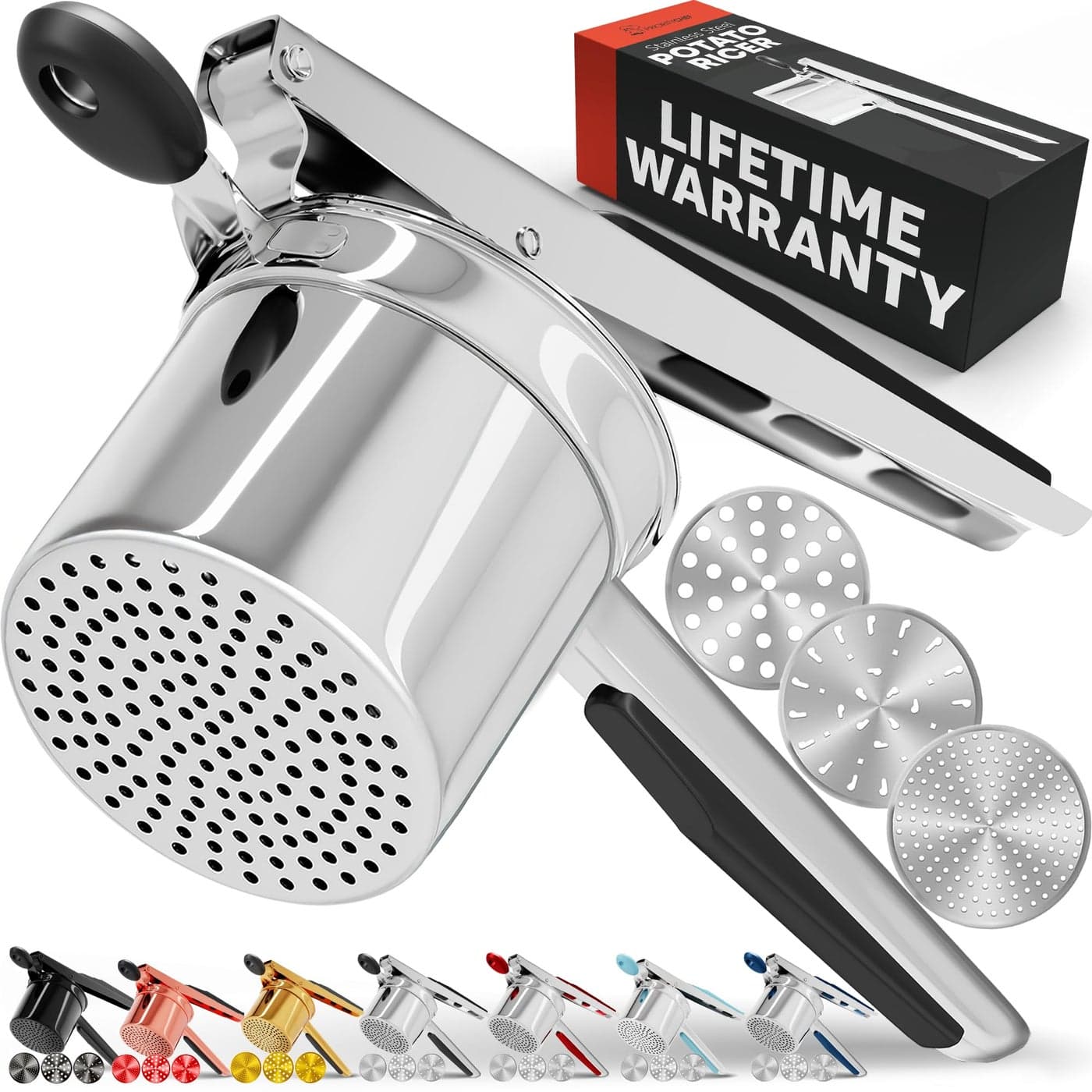PriorityChef Large 15oz Potato Ricer With 3 Discs, Heavy Duty Stainless Steel Potato Ricer for Mashed Potatoes, Potato Masher, Press and Ricer Kitchen Tool, Black