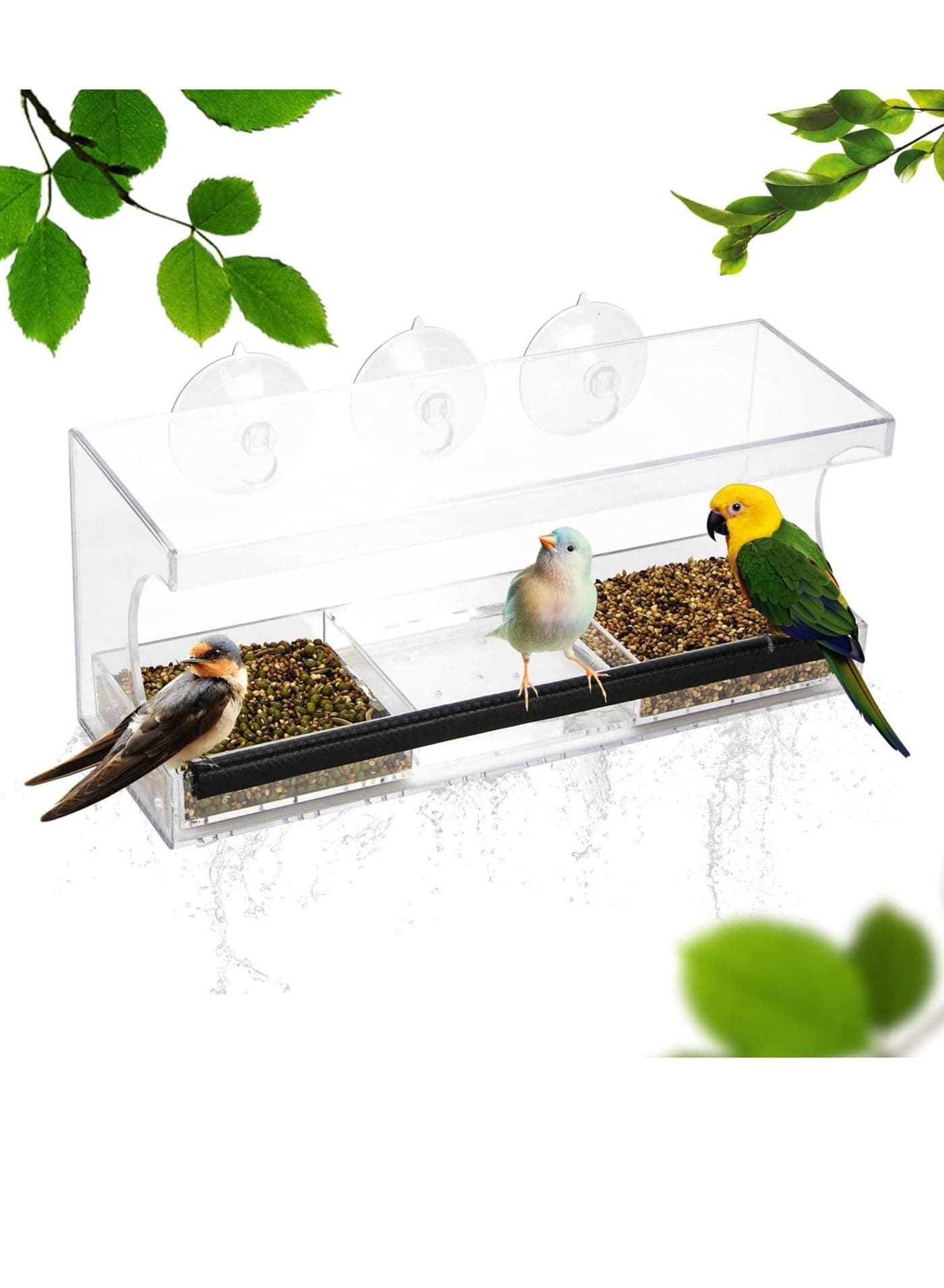Clear Window Tray Bird Feeder, Squirrel Proof Weatherproof Outdoor Feeders with 3 Section and Roof Cover, Hangout House, Large Outside Hanging Birdhouse.
