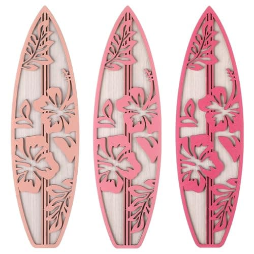 RattanView 3 Pieces Hibiscus Surfboard Decor for Bedroom Wooden Beach Wall Decor Summer Wood Surfboard Wall Hanging Sign for Tropical Living Room Decoration(Pink)
