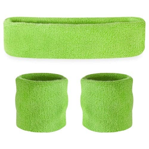Suddora Sweatbands Set, Moisture Wicking 2 Wristbands and 1 Headband, Breathable Terry Cloth Athletic Bands for Basketball, Tennis, Yoga, Gym, Sweat Bands for Costumes and Cosplay, Neon Green