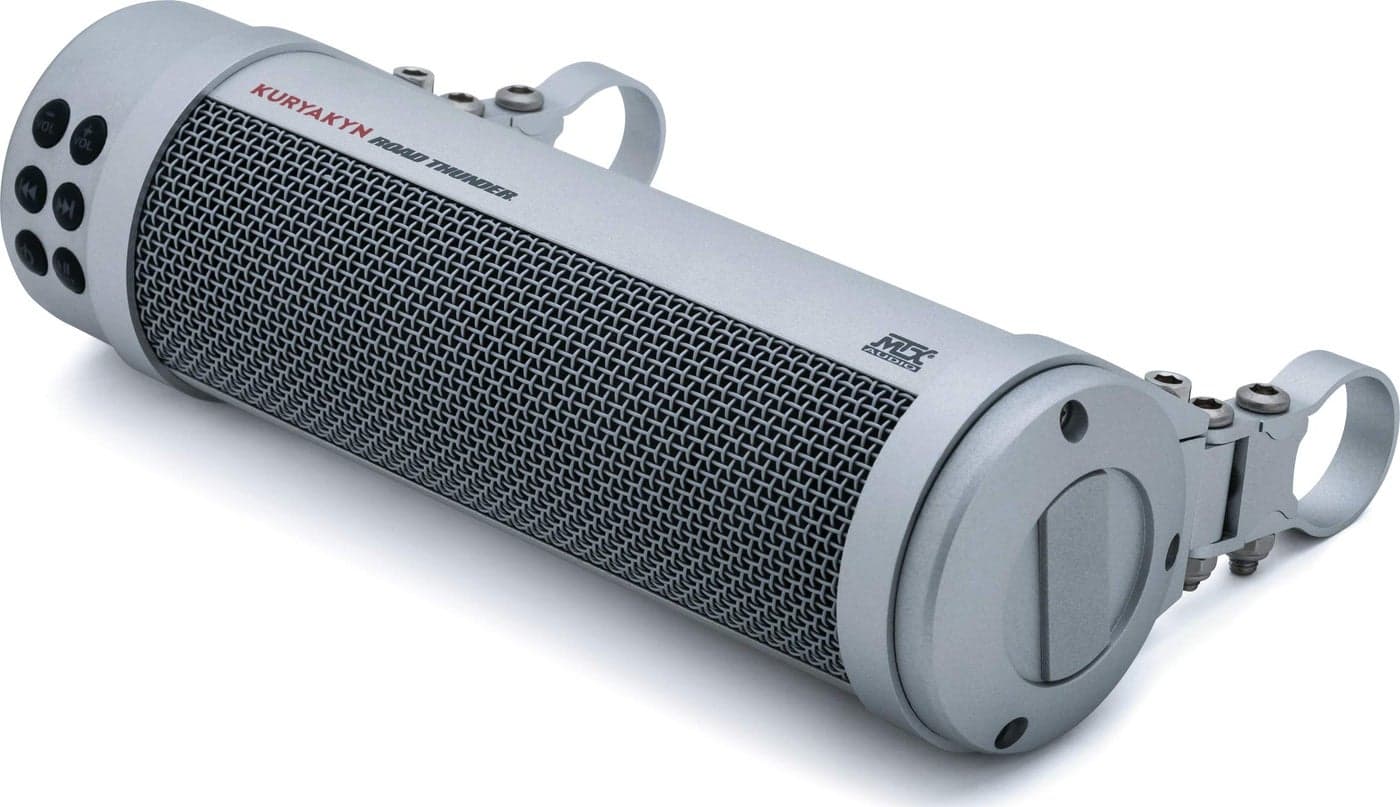 Kuryakyn 2719 MTX Road Thunder Weather Resistant Motorcycle Sound Bar Plus 300 Watt Handlebar Mounted Audio Speakers with Bluetooth USB Power Charger Satin Silver